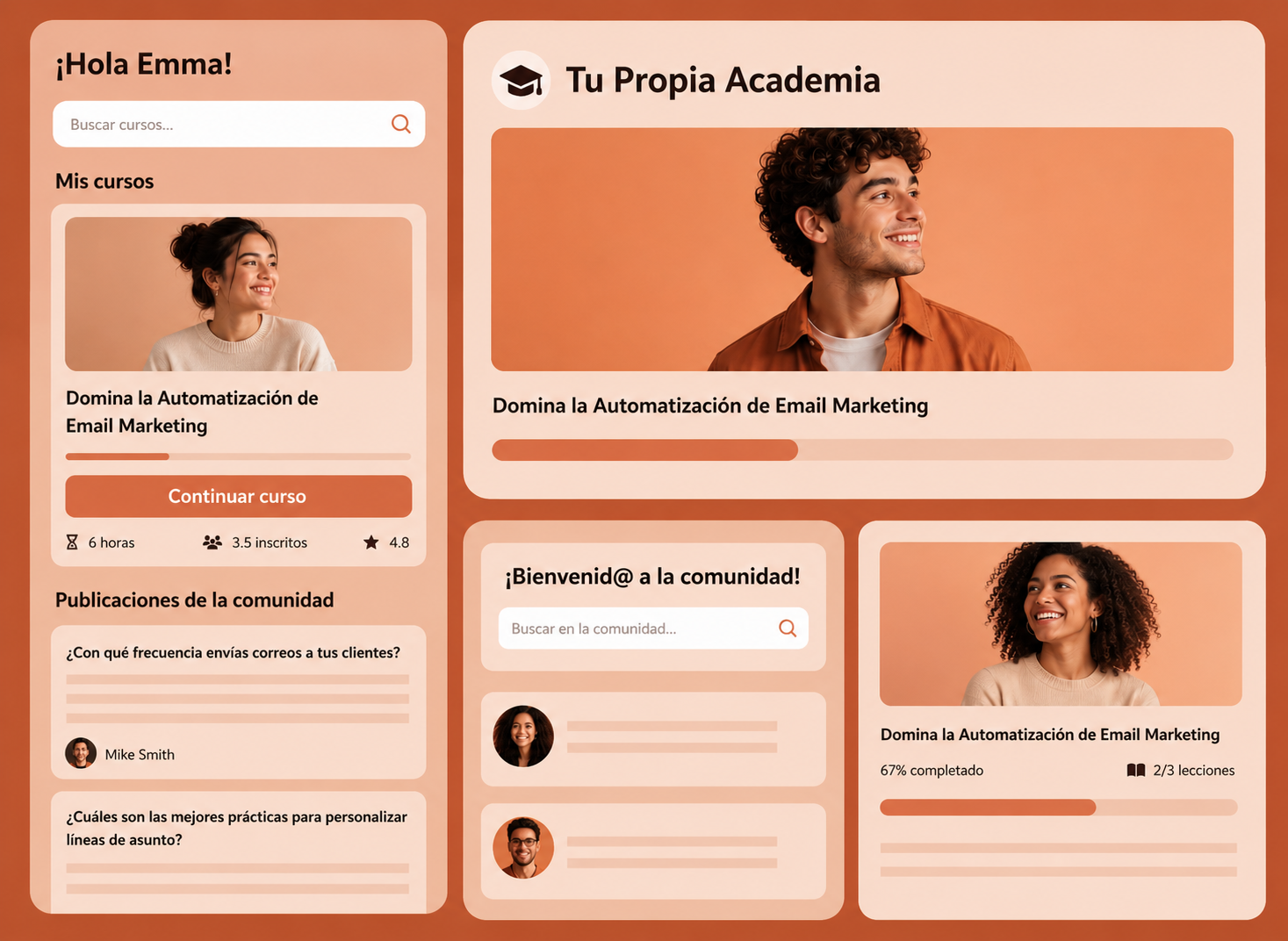Interfaz del dashboard de Telo mostrando cursos, comunidad y progreso del alumno